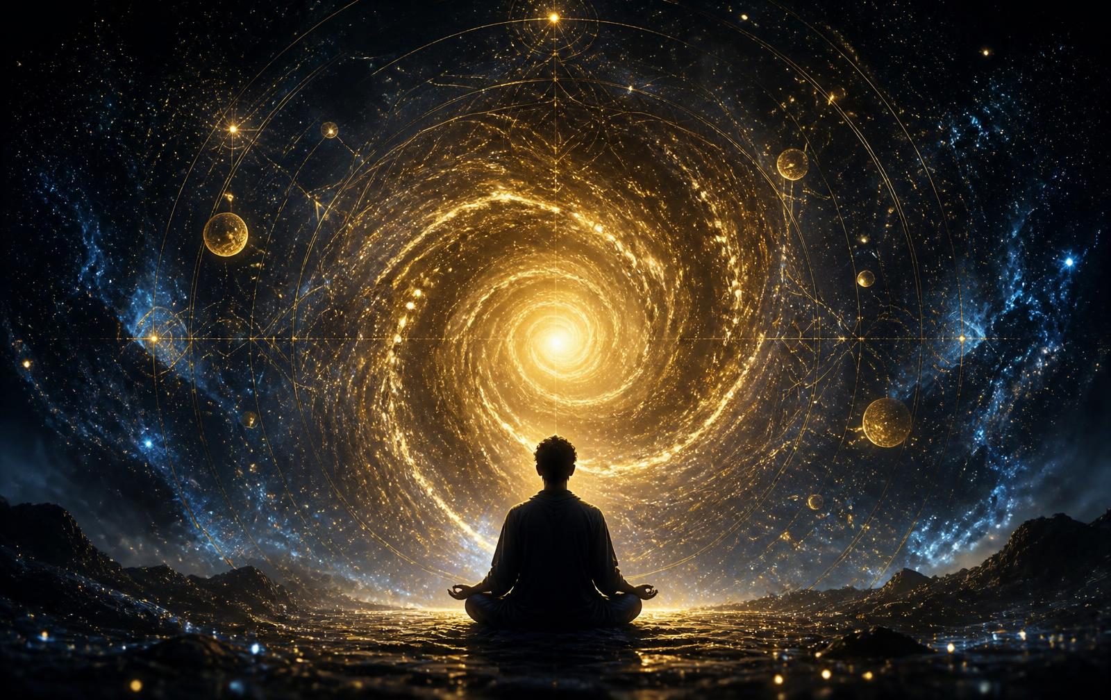 Silhouette meditating in front of a golden cosmic spiral